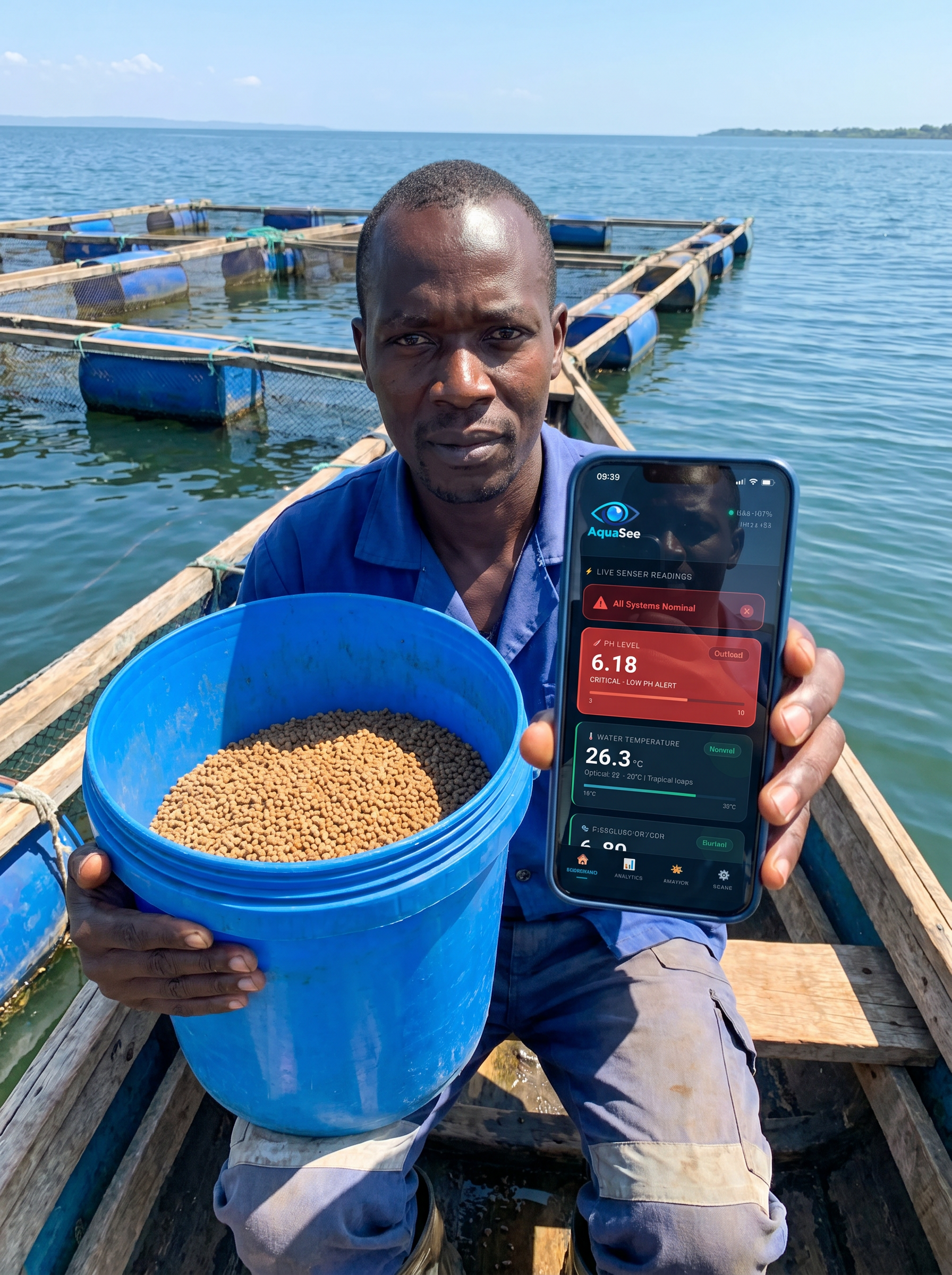 Kenyan fish farmer beside Lake Victoria fish cages using a smartphone